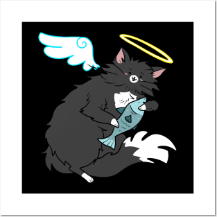 Fluffy Black Tuxedo Cat Angel Posters and Art